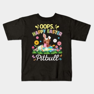 Pitbull Dog Bunny Costume Playing Flower Eggs Happy Easter Kids T-Shirt